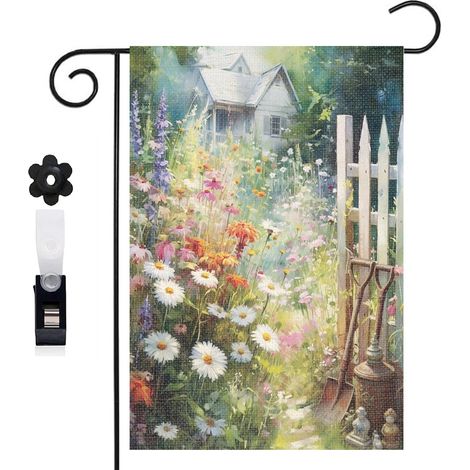 Drapeau vertical outils de jardinage et fleurs multicolores 30 x 45 cm décoration jardin d'été (1/5)