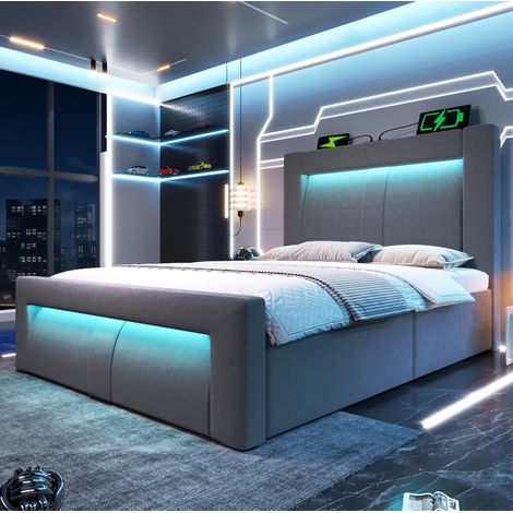 Cama juvenil con almacenamiento LED y carga USB gris OKMYHOME (1/5)