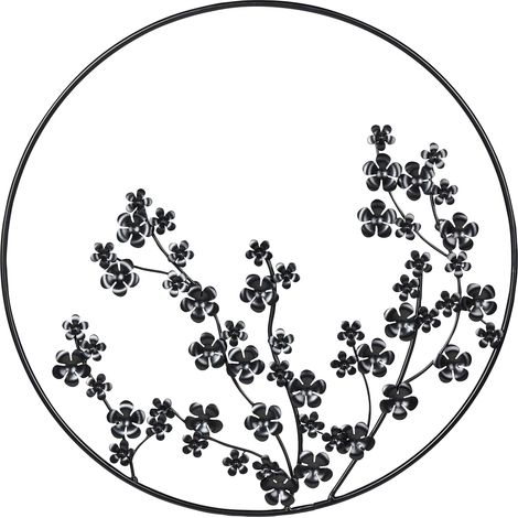 Decoración de pared moderna floral en marco metal redondo arte ⌀ 70 cm adorno pieza negro Strontium (1/5)