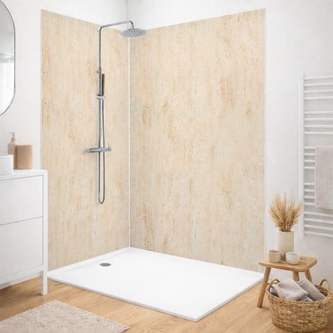 Lot de 2 panneaux de douche en PVC (90x220 & 120x220 cm) + profilés blanc - Travertin - Beige