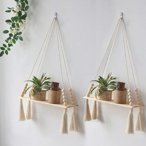 Lot de 2 étagères murales en bois avec perles et pompons – Étagère murale en macramé style bohème – Pour chambre d'enfant, salon, chambre à coucher et salle de bain
