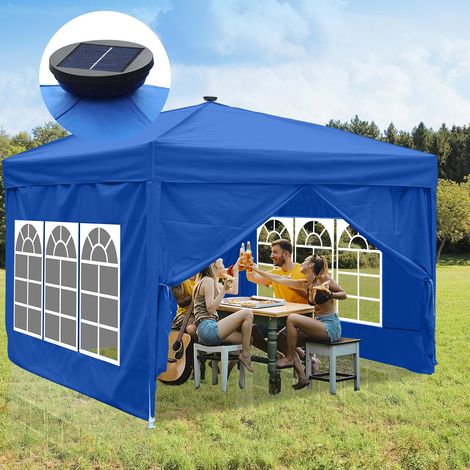 Jiubiaz Gazebo da Giardino POP-UP Tenda Pieghevole Protezione Solare UV 50+ Tenda Pieghevole Con Pareti Blu 3x3m con Illuminazione Solare LED (1/5)