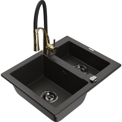 Mexen Carlos fregadero de granito 1,5 senos con grifo de cocina Aster, negro/metalizado dorado - 6518-75-73450-57-B (1/5)