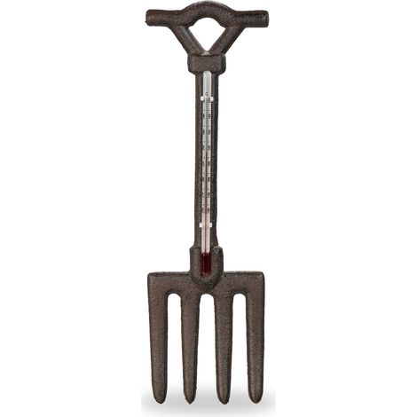 Relaxdays Thermometer, Pitchfork, Outdoor, Garden, Decoration, Read Temperature, Wall Ornament, HxW: 30 x 9 cm, Brown
