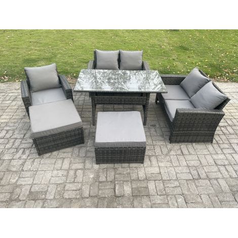 Fimous High Back Outdoor Garden Furniture Rattan Sofa Dining Table Set with Armchair 2 Big Footstool Dark Grey Mixed (1/5)