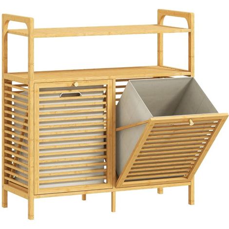 Meuble salle de bain en bambou, armoire salle de bain avec 2 paniers à linge et 2 étagères, 82x33x88cm, bois naturel (1/5)