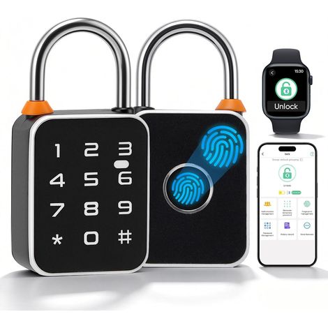 Cadenas à Empreinte Digitale 3 en 1 avec Application et Code, Petit Cadenas Biométrique Connecté Rapide 0.5s, Étanche IP65 Rechargeable USB pour Casier Gym, Valise et Vestiaire, Noir, 1 Pièce (1/5)