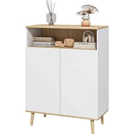 Meuble de rangement buffet sur pied scandinave placard 2 portes avec étagère intérieure blanc et aspect bois