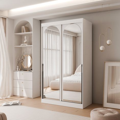Armoire CLARITY - 7 compartiments - avec miroir - 120x65x215 cm - Poignées blanches / noires (1/5)