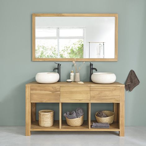 Berah Getah – Meuble sous vasque en teck brut 145 cm – Anti-humidité – 1 tiroir et 3 niches de rangement – Design sobre et pratique (1/5)