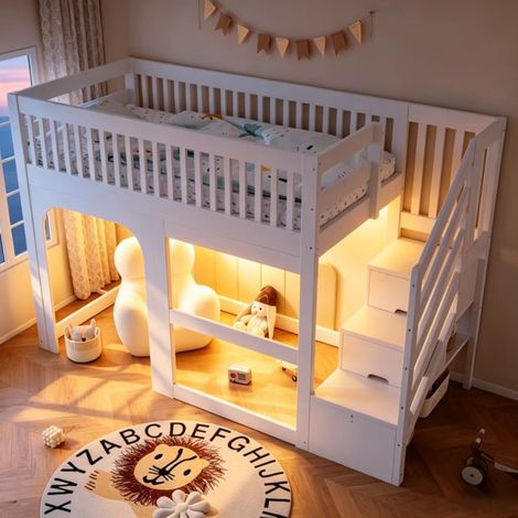 Cama alta infantil 90x200 cm blanca de madera con escalera de almacenaje, LED y barandillas (1/5)