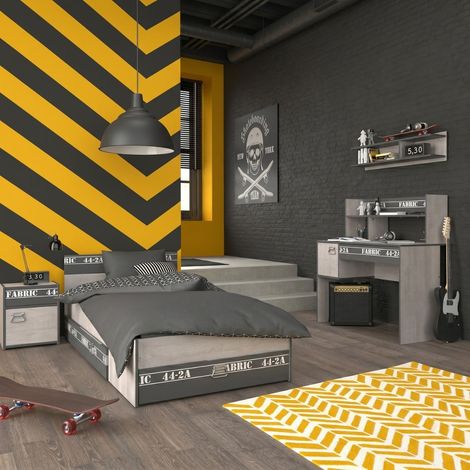 Chambre lit 90x200 avec tiroirs + 1 chevet + 1 bureau aspect bois grisé - ZIGGY (1/5)
