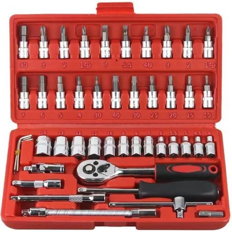 45-teiliger 1/4-Zoll-Ratschen-Steckschlüsselsatz mit Bits, metrischen Steckschlüsseln und Verlängerung für Reparaturen an Auto, Fahrrad, Motorrad und im Haushalt, inklusive rotem Aufbewahrungskoffer