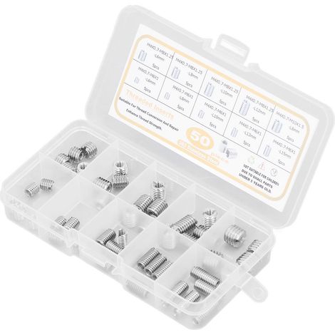 Kit de 50 inserts filetés en acier inoxydable 303 avec boîte de rangement argentée (1/5)