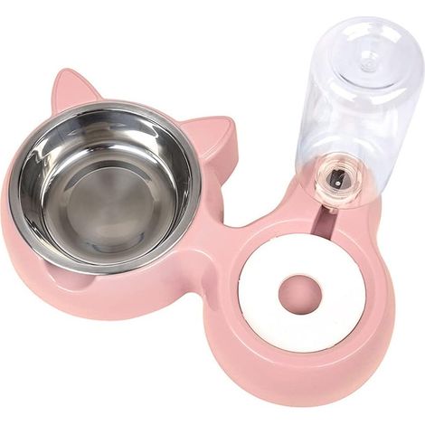 Gamelle Pour Chat Et Chien - Double Bol Automatique Avec Distributeur D’Eau - Bol En Inox Anti-Débordement - Hauteur Ergonomique - 500 Ml - Rose