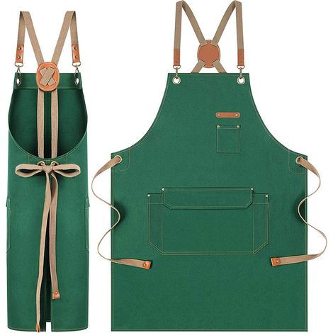 Tablier de coiffure en toile vert foncé avec détails en cuir et bretelles croisées au dos, plusieurs compartiments de rangement pour le barista du salon et les travaux manuels. (1/4)