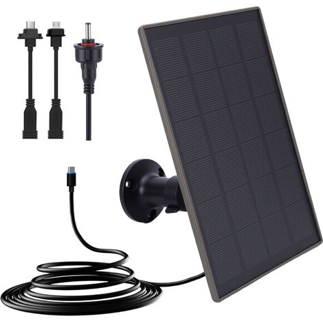 Panneau solaire 6000 mAh pour caméra de sécurité, batterie intégrée 3 W, ports micro USB 5 V, USB-C et DC 3,5 mm, compatible avec les caméras autoportantes et les caméras d'extérieur
