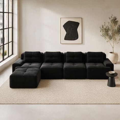 Divano modulare in corduroy nero, 4 posti con chaise longue a L, seduta profonda 74 cm, senza montaggio (1/5)