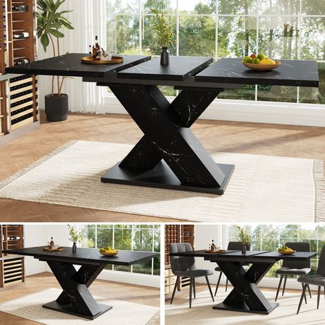 Table à manger extensible escamotable, aspect texturé en marbre noir, design moderne en X, 4-6 places, rails métalliques, 119(158,5)×80×75 cm (1/5)