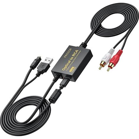 PROZOR Optical to RCA Converter with Dolby DTS 5.1 Decoder Self-Decoding PCM Free Built-in Amplifier Built-in RCA Cable 2.1m USB Cable with Ferrite Core for TV Amplifier HiFi Speakers (1/5)
