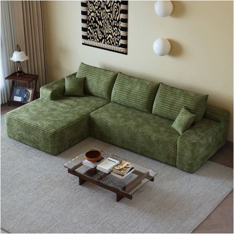 Canapé Modulable 270x175cm Velours Côtelé Vert Sans Montage - Canapé d'angle - 3 Places Assise Profonde Moelleux Salon (1/5)