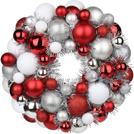 Weihnachtskranz 33cm bruchsicher mit Glitzer, Matt & Glänzend Kugeln Rot/Weiß