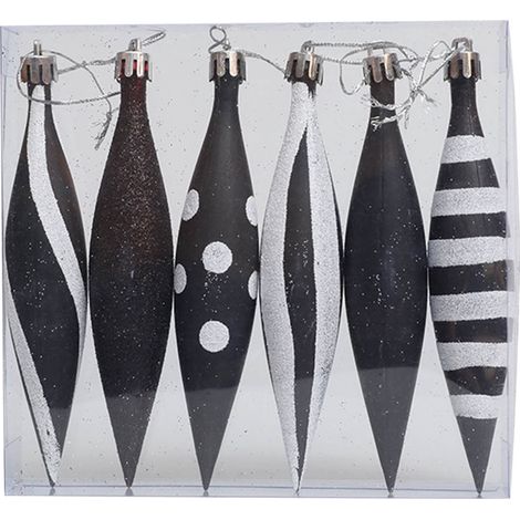 Ornement De Noël - Boule À Suspension En Forme De Goutte - 15 cm - Noir Et Blanc - Pour Arbre De Noël Et Décoration Intérieure - Lot De 6 (1/5)