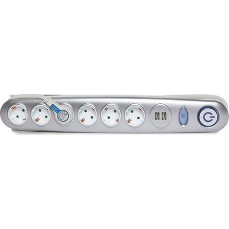 Tappo 6 X Presa di Corrente + Interruttore LumiNoso + 2 X Usb Caricabatterie 2100 Ma 5V - IP20 - Bianco / Argento (1/3)