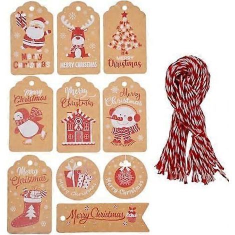 Étiquettes de Noël ZHIYE, 50 pièces, 10 styles différents, étiquettes en papier kraft à suspendre avec 50 ficelles en coton pour décorer les sapins de Noël ou les emballages. (1/4)