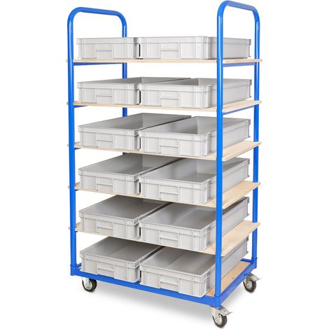 BRB Etagenwagen mit 6 Ebenen, BxTxH 1050x500x1690 mm, bestückt mit 12 Euroboxen BxTxH 600x400x120 mm, 2 Lenk-/2 Bockrollen (grau)