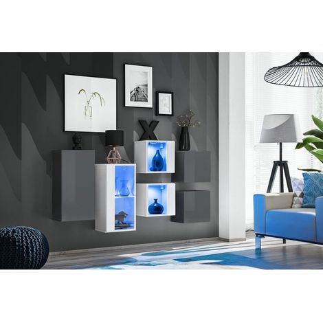 Ensemble meuble mural Switch SB IV - L 150 x P 30 x H 80 cm - Blanc et gris - Livraison gratuite