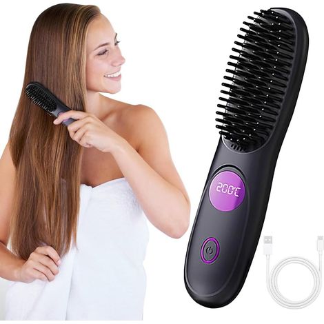 Cordless straightening brush, Mini portable cordless straightening brush, LCD temperature display, Hair straightening brushes, Suitable for all hair types