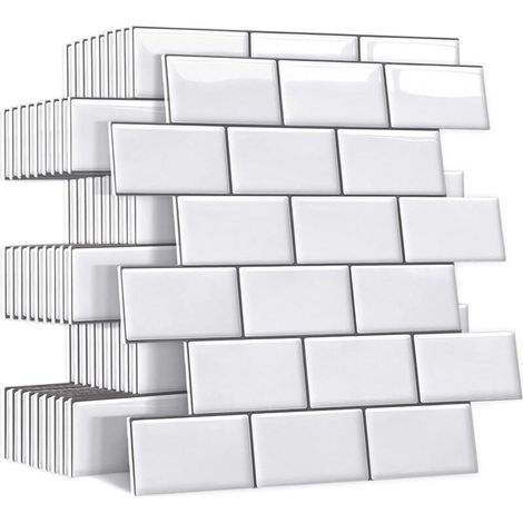 Plus épais Credence Adhesive pour Cuisine Salle de Bain, Faux Carrelage Adhesif Mural Blanc Credence Cuisine Adhesive, ImperméAble 3d Dalle PVC Adhesive Murale, 10 Pièces,3030cm,Blanc (1/4)