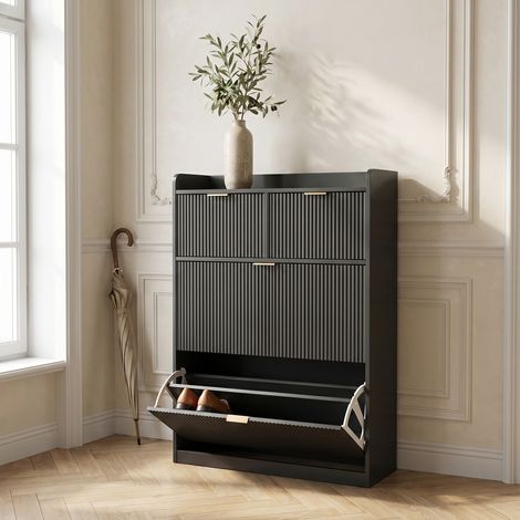 Schuhschrank 80x24x110 cm mit 2 Klappen und 2 Schubladen, Schuhkipper, viel Stauraum, Holz, Schwarz