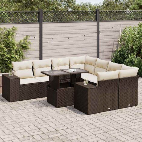 Ensemble salon jardin 9 places résine tressée marron avec coussins crème, table réglable et rangement (1/5)