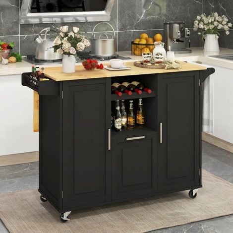 Gain d'Espace au Quotidien : Îlot Desserte de Cuisine Mobile, Plateau Rabattable Bois d'Hévéa, pour Cuisine et Salle à Manger (1/5)