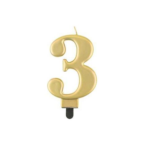 Vela número 3, oro metalizado, 8 cm (1/2)