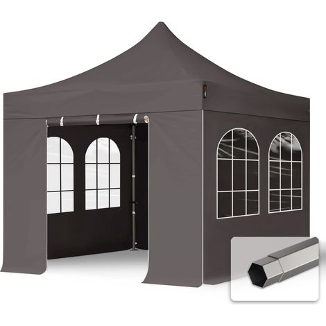 3x3 m Faltpavillon, PREMIUM Stahl 40mm, Seitenteile mit Sprossenfenstern, dunkelgrau (1/5)