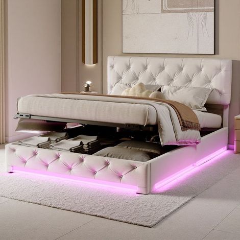 Cama Doble 160x200 - Cofre Hidráulico - LED RGBW - Cabecera Ajustable - Moderna Minimalista