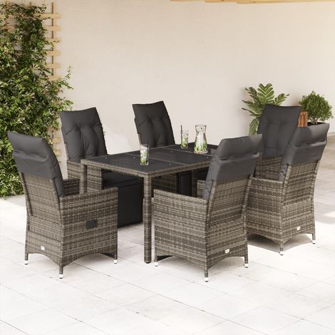 7-tlg. Garten-Bistro-Set mit Kissen Grau Poly Rattan (1/5)