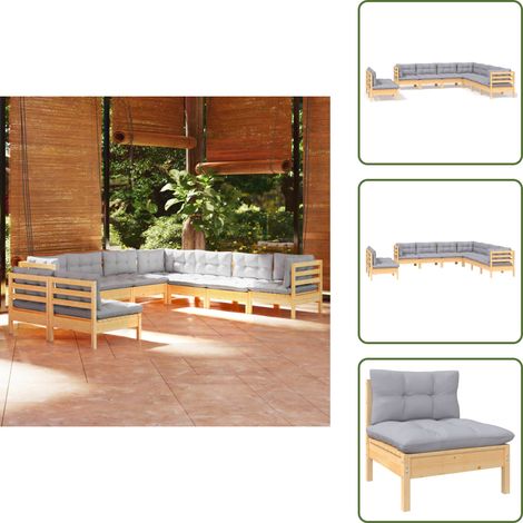 Gartenlounge - vidaXL 9-tlg. Garten-Lounge-Set mit Grauen Kissen Massivholz Kiefer - Kieferholz (1/5)