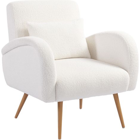 Fauteuil de lecture blanc crème – Rembourré, revêtement polaire, coussin lombaire intégré, pieds en métal (1/5)