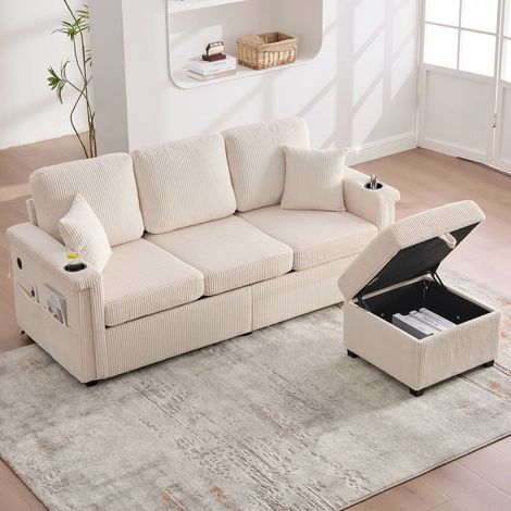 Canapé velours avec éclairage LED port USB-c rangements porte-gobelets beige salon (1/5)