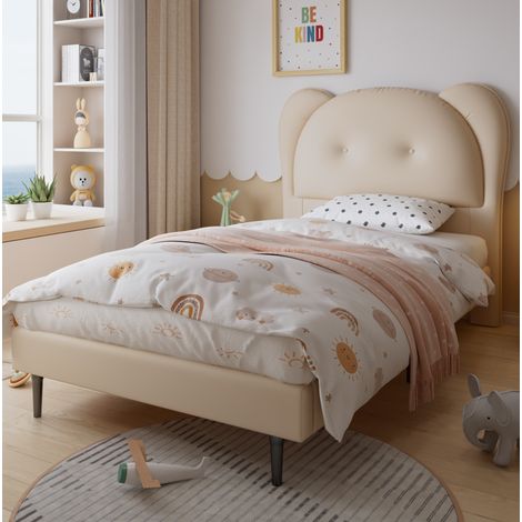 Lit enfant 90 x 200 cm rembourré beige en PU avec tête de lit animal, sommier stable (1/5)
