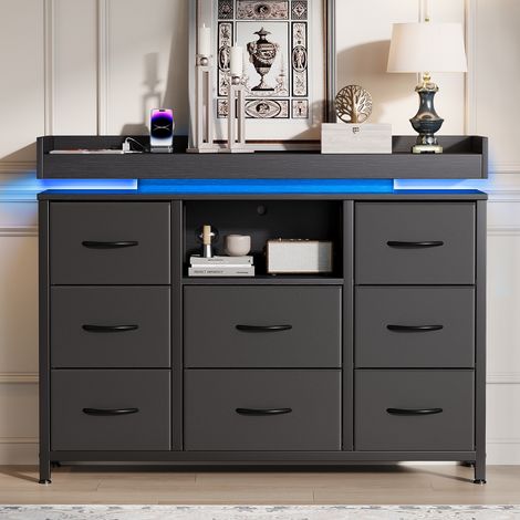 JOOKGBD–Kommode mit Stoffschubladen,Stoffkommode mit Metallrahmen und 8 geräumige, Holzplatte,Kommodenschrank mit LED und USB,Flurkommode für Schlafzimmer,Wohnzimmer,Schwarz