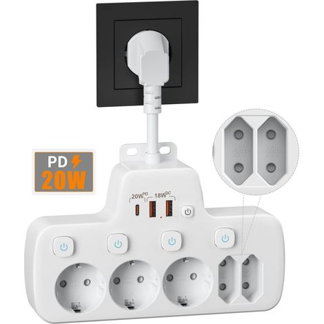 Multiprise avec Interrupteur Individuel,5 Prises,Câble Court de 10 cm,Blanc  Prise Multiple avec USB C Charge Rapide PD20W, Multiprise Murale, Rallonge Electrique Parafoudre pour Bureau de Cuisine (1/5)