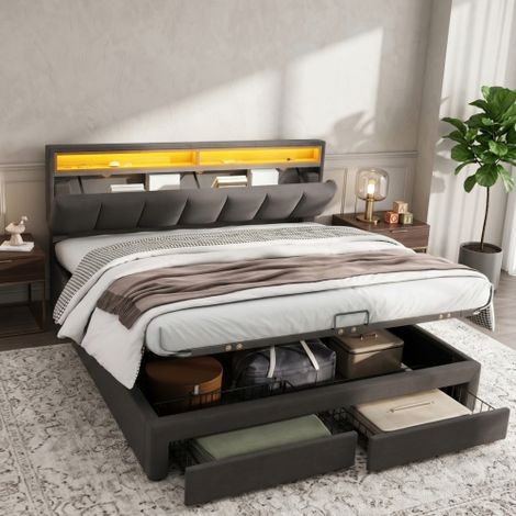 Upholstered bed with LED lighting, King Size Bed-5ft(150200cm),hydraulic storage bed with bed box, drawers and storage compartments, stowable foam headboard, double bed with steel frame, linen, grey (1/5)