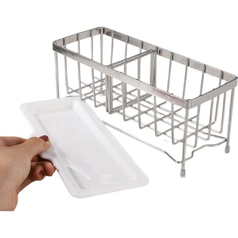 Porte-Éponge de Cuisine Inox avec Distributeur de Savon, Égouttoir avec Bac de Vidange Amovible