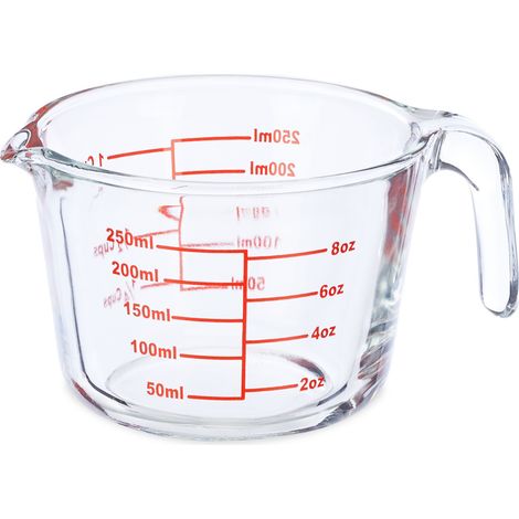 Relaxdays Messbecher Glas, 250 ml, hitzebeständig, mikrowellengeeignet, Skala in Milliliter, oz, Cups, transparent