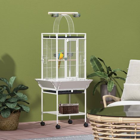 Gabbia per uccelli, gabbia per pappagalli con 3 porte, 2 posatoi, ruote girevoli a 360°, ciotola per il cibo, ripiano, area gioco, 62,5x62,5x156 cm, bianca